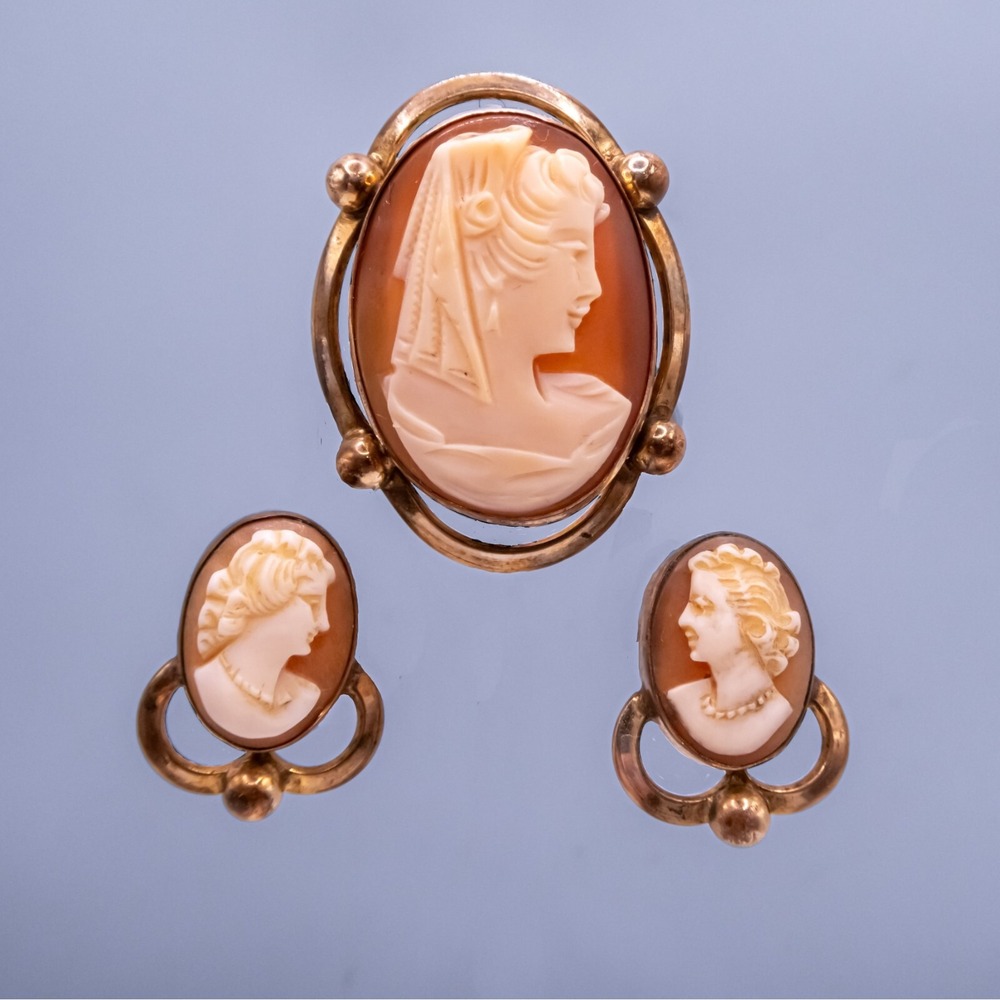 Cameo Pendant Brooch & Earring Set Vintage Curtis Creations 12 Kt Gold-filled